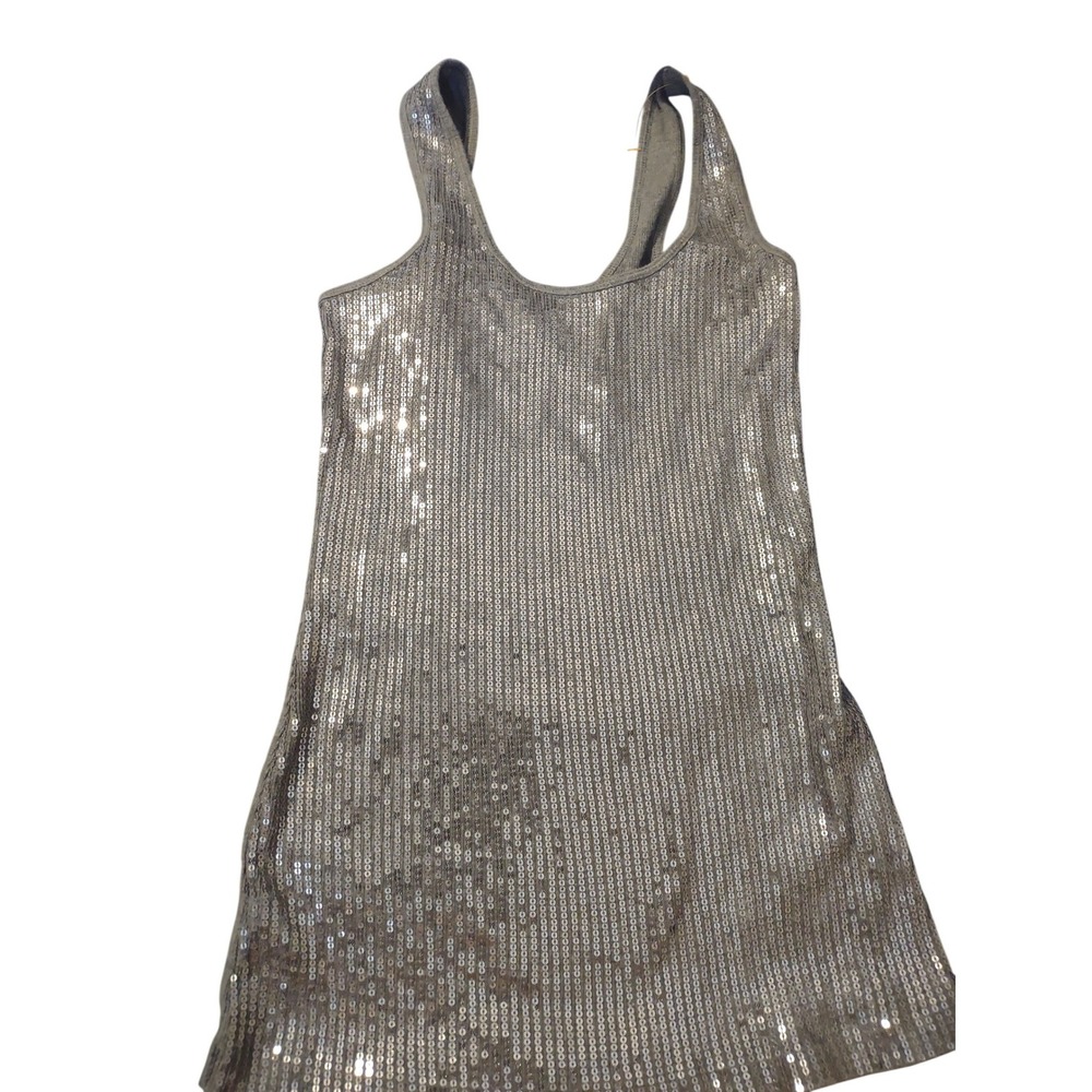 Express Womens Silver Sequin Tank Top Gray Ribbed‎ Knit Small Festival